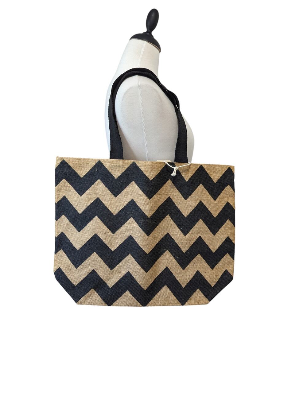 Woven Earth Bags Black Chevron Jute Large Tote Bag Zip Closure Inside Zip Pocket